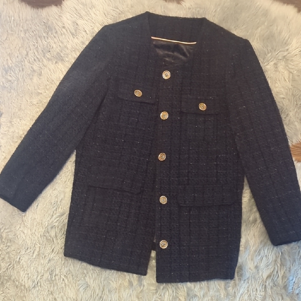 Elegant Black Tweed Jacket with Gold Buttons